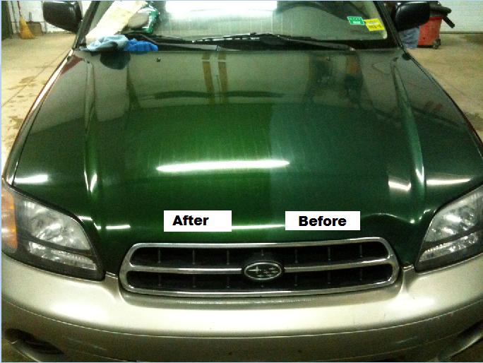 before and after pics of a green pick-up truck.